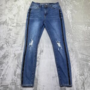 Roebuck & Co. Jeggings Sz 8 Fit 26" Blue Denim Distressed Rhinestone Embellished